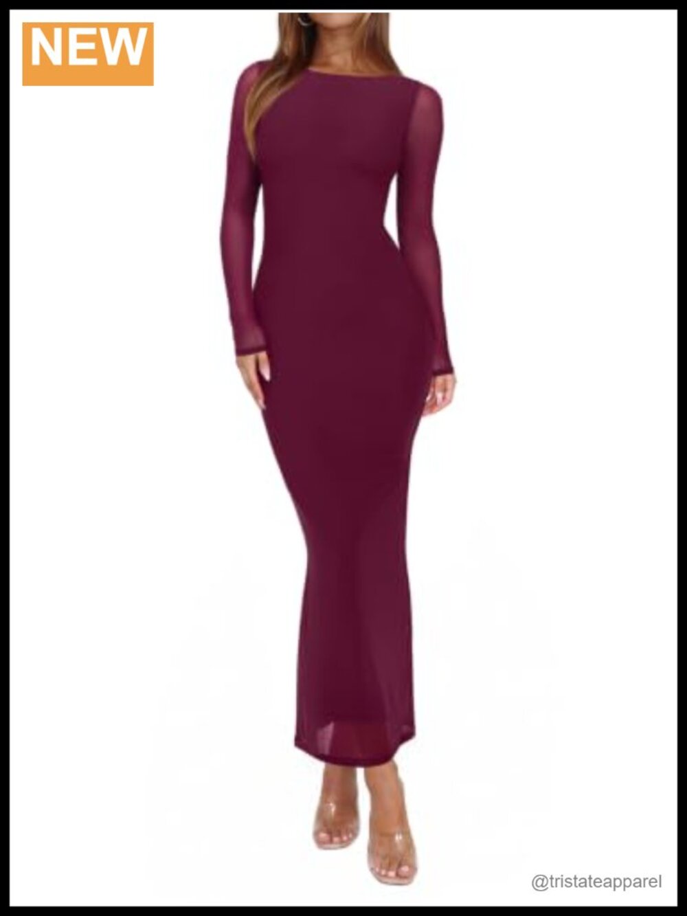 Women's Sheer Mesh Long Sleeve Formal Wedding Guest Maxi Dress